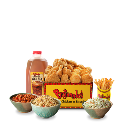 bojangles 20 piece jumbo tailgate chicken bo rounds fries rice beans slaw and iced tea