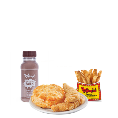 bojangles kids 2 piece chicken homestyle tenders with biscuit fries and chocolate milk