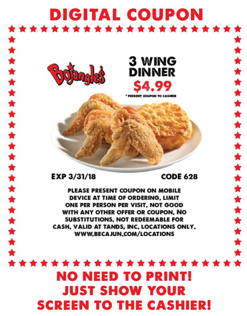 3 pc Wing Dinner Coupon - Bojangles'® / Tands, Inc.