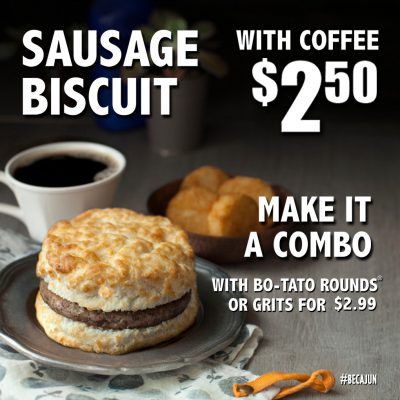 bojangles sausage biscuit with coffee make it a combo