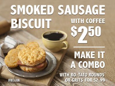 bojangles smoked sausage biscuit with coffee add bo rounds or grits